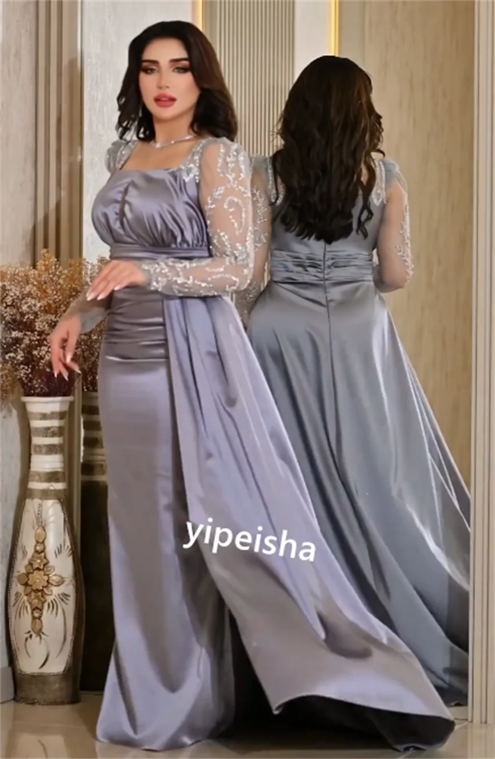 Jiayigong-Vestido largo de satén con cuentas para mujer, traje largo de sirena con cuello cuadrado a medida, ideal para fiesta de boda, Arabia Saudita