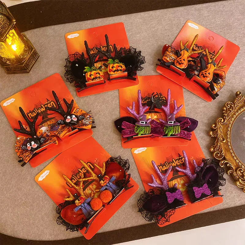 Halloween Pumpkin Hair Clips for Women Girls, Cute Antler Glitter Bow Hairpins Costume Party Masquerade Festival Barrette Grips