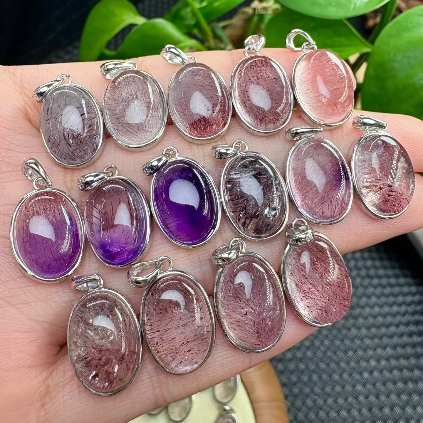 1 Pc Fengbaowu Natural Super 7 Oval Cabochon Pendant 925 Sterling Silver 17MM Crystal Reiki Healing Stone Jewelry Gift For Women