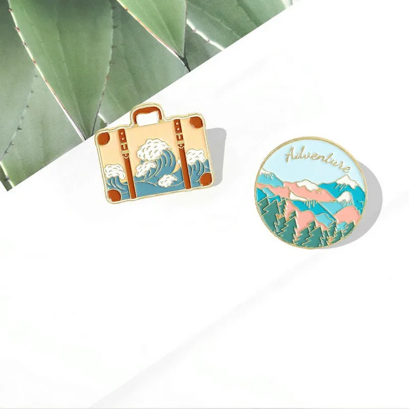 Travel Enamel Pin Adventure Tour Suitcase Journey Brooches Bag Lapel Pin Badges Mountains Oceans Wave Jewelry Gift for Friends