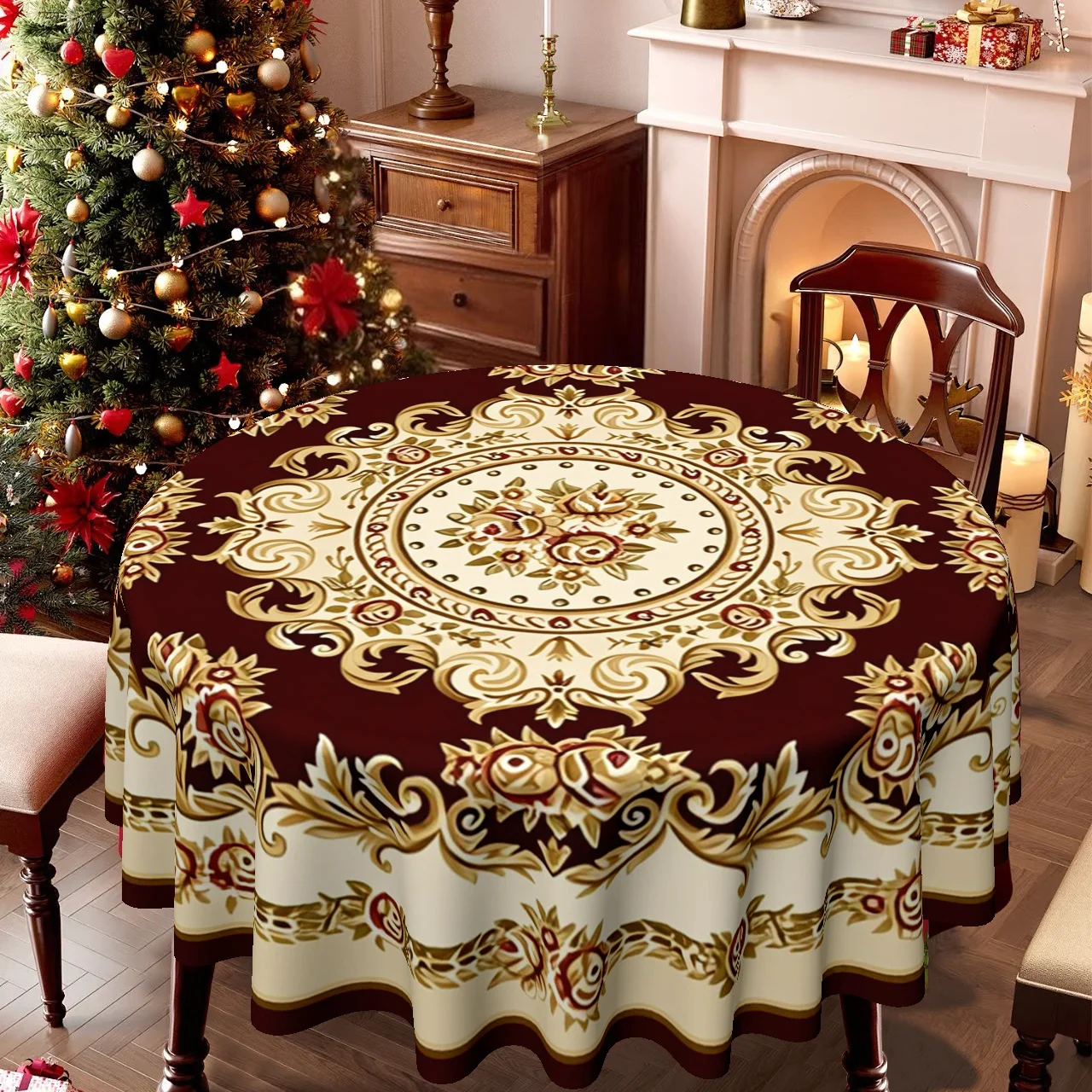Flat printed tablecloth, suitable for Christmas and Easter, elegant flower engraved round tablecloth,