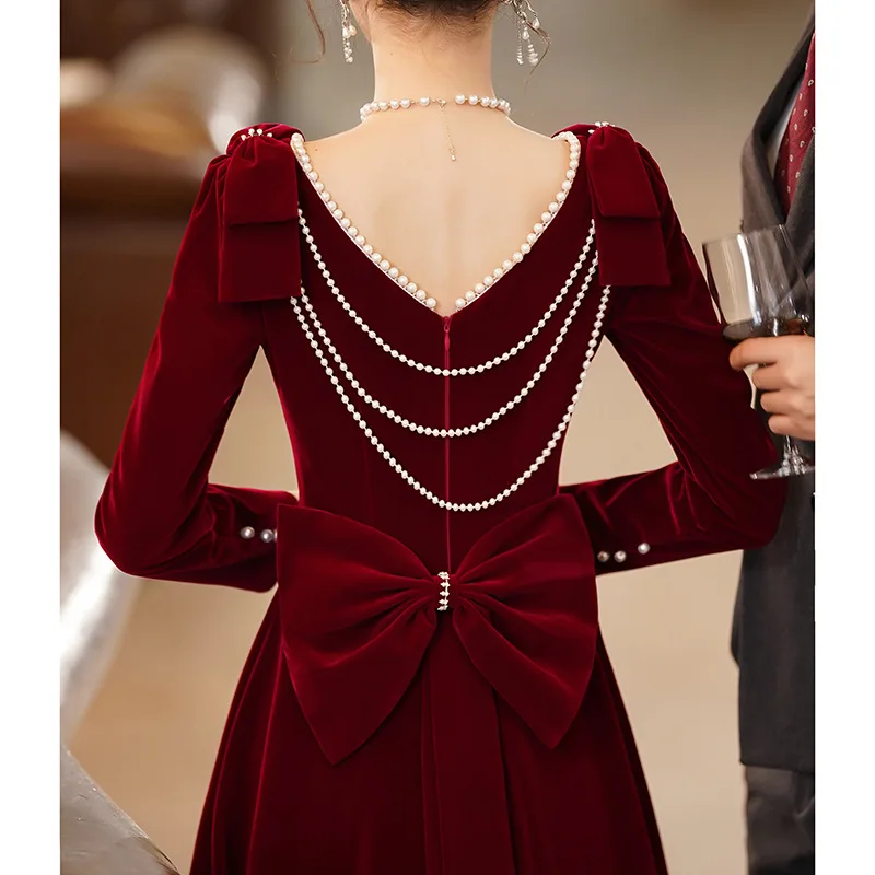 Burgundy Velvet Evening Dress Elegant Beaded Square Collar Engagement Dresses Temperament Bow Long Sleeve Formal Banquet Gown