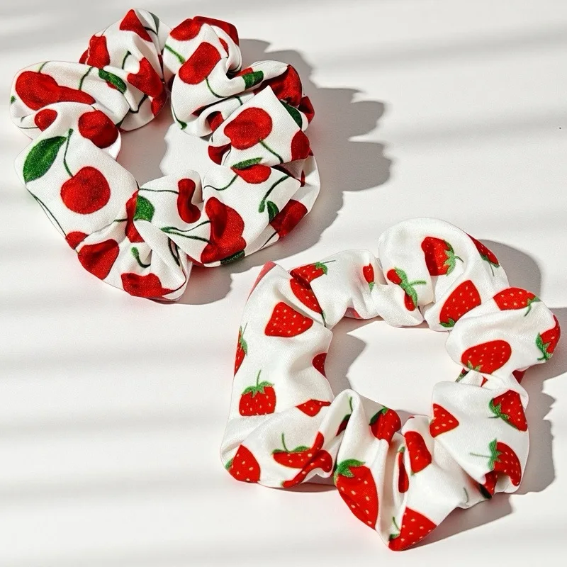 1pc/2pcs cute strawberry cherry print headband soft elastic large intestine hair ring, sweet female ponytail hair rope headpiece view 3