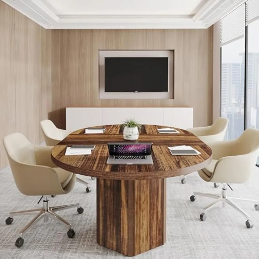 55.12 Inches Oval Conference Table, Rustic Wood Conference Meeting Room Table for 4-6 People, Small Seminar Table with Polygon