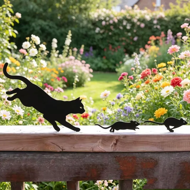 Creative Black Cat Mouse Metal Garden Ornaments Outdoor Patio Balcony Black Cat Sculpture Display Crafts Garden Decoration