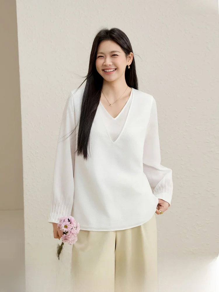 

Acetate Blend Lightweight irt Double V Design Commute Sle Slim Fit Long Sve Women's plus Size Spring New Arrival