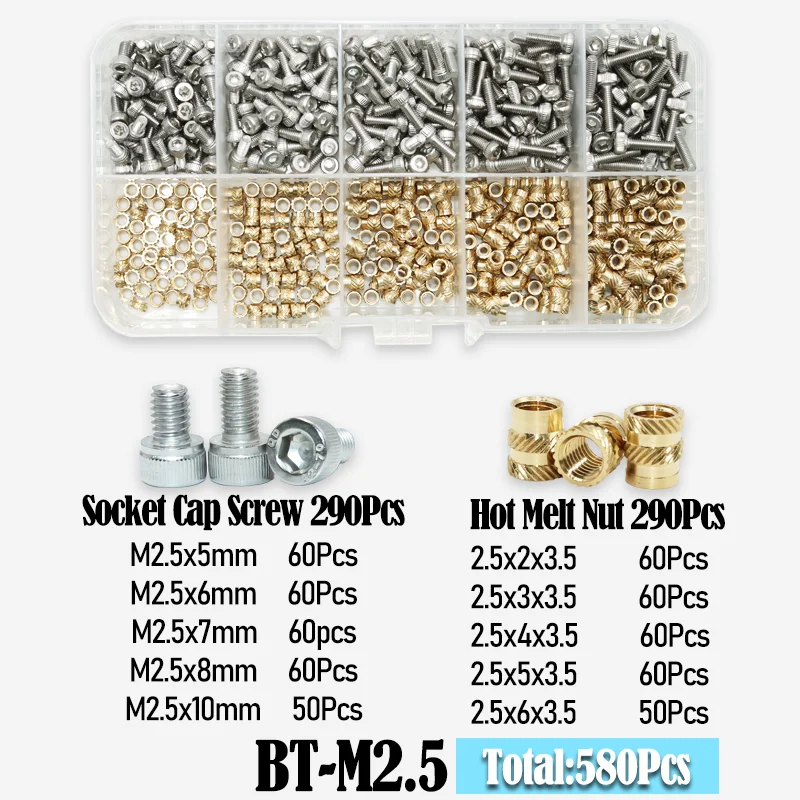 M2 M2,5 M3 M4 Messing-Einsatzmutter mit Gewinde und Sechskant-Innensechskantschraube aus Edelstahl 304, mit wärmegekarteltem Muttern-Set – Detail 10