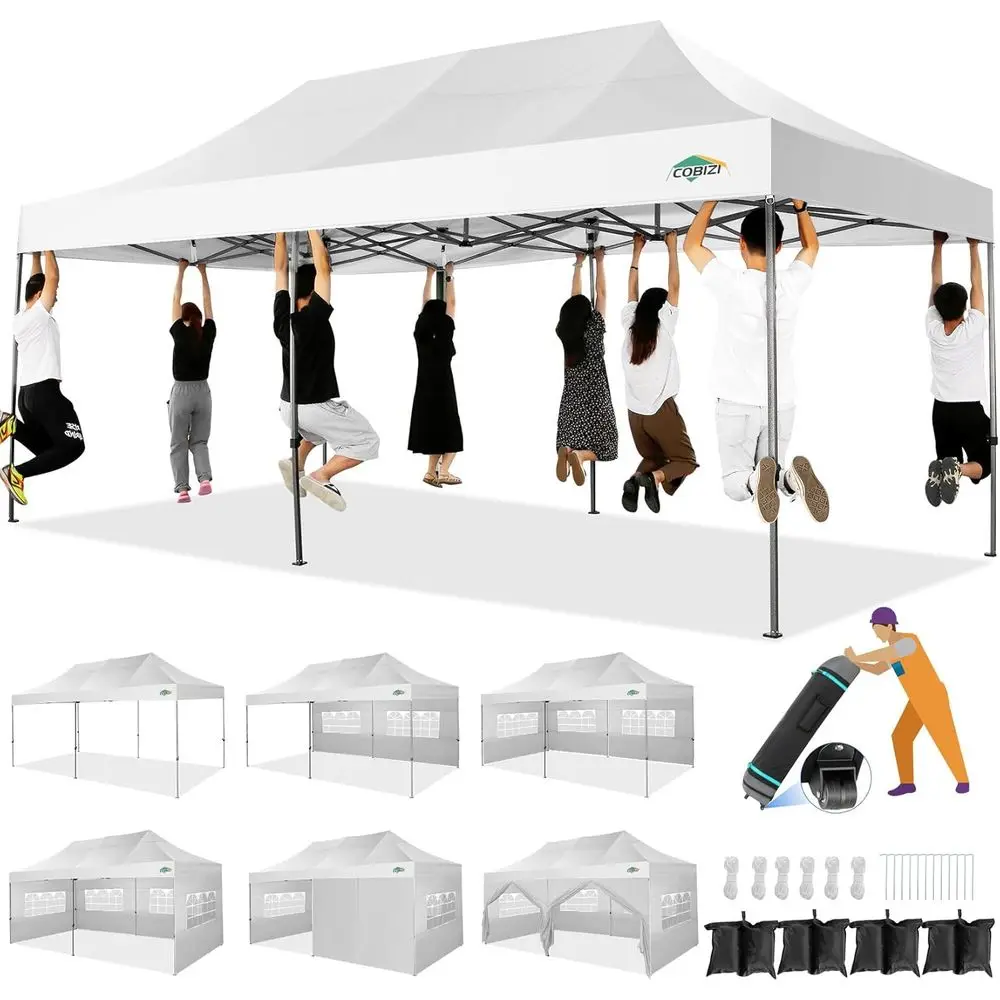 

Sturdy 10x20 Outdoor Wedding Tent with 6 Sidewalls, All-Season Waterproof, Easy Setup, White Heavy-Duty Gazebo with Roller Bag