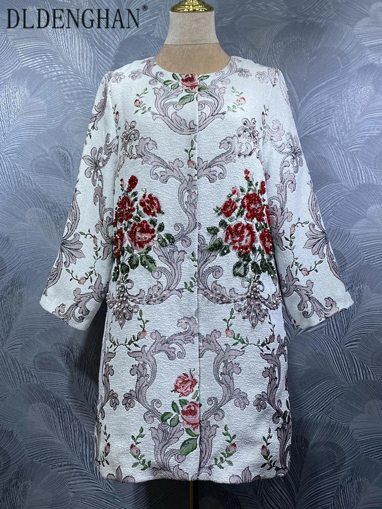 DLDENGHAN Beading Jacquard Vintage Coat For Women O-Neck 4/3 Sleeved Pockets Concealed Button Outerwear Autumn Female