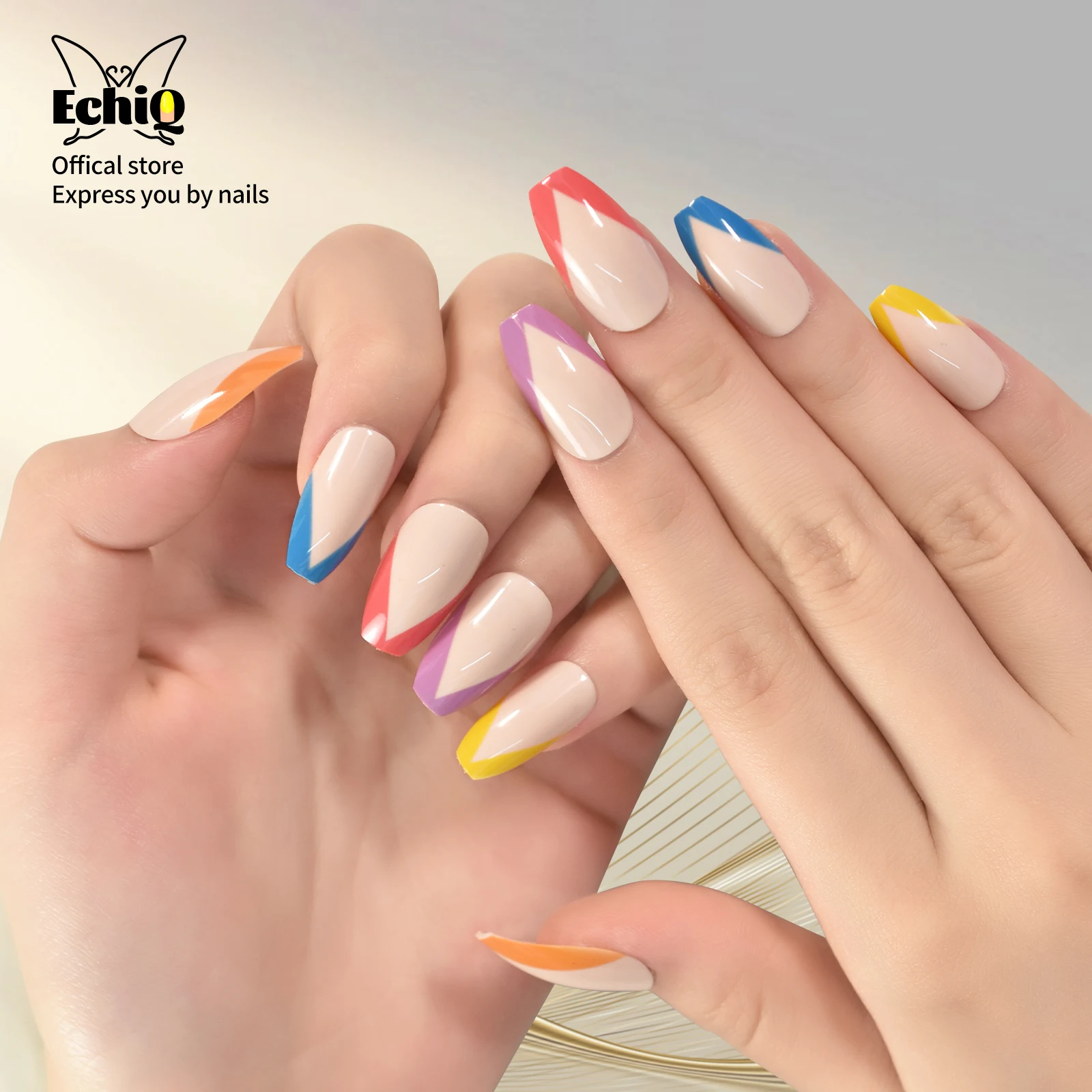 Punte arcobaleno Bara Corta colorata lucida Punte francesi Stile V Stampa sulle unghie Unghie artistiche Unghie finte Salone di manicure a casa