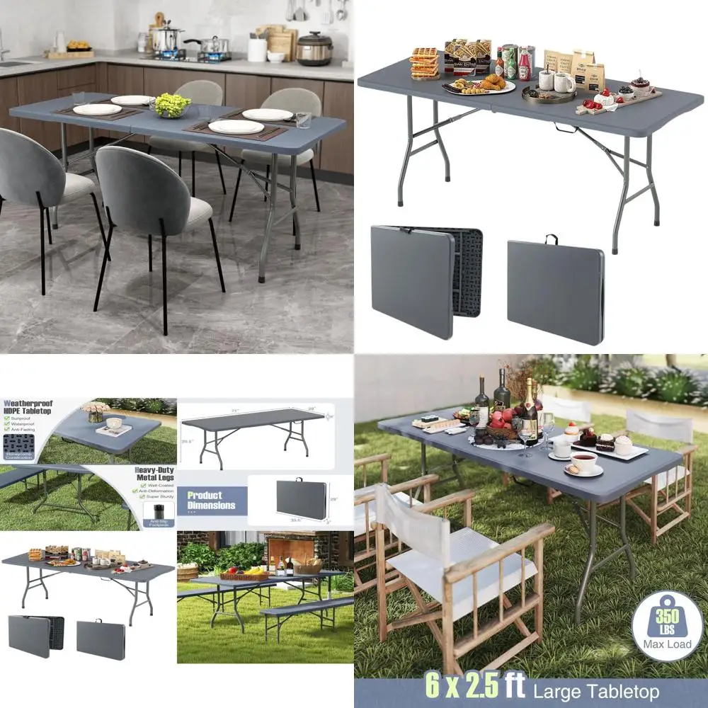 

Heavy-Duty 6ft Folding Table with HDPE Top, 350lbs Capacity for Outdoor Use, Portable Utility Table for Picnics, Parties, Campin