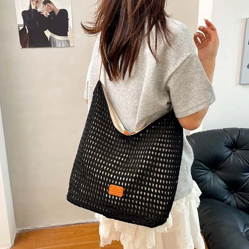 

Solid Color Casual Crochet Tote Bag Large Capacity Korean Style Hollow Woven Bag Cotton PU Strap Knitting Handbag Women