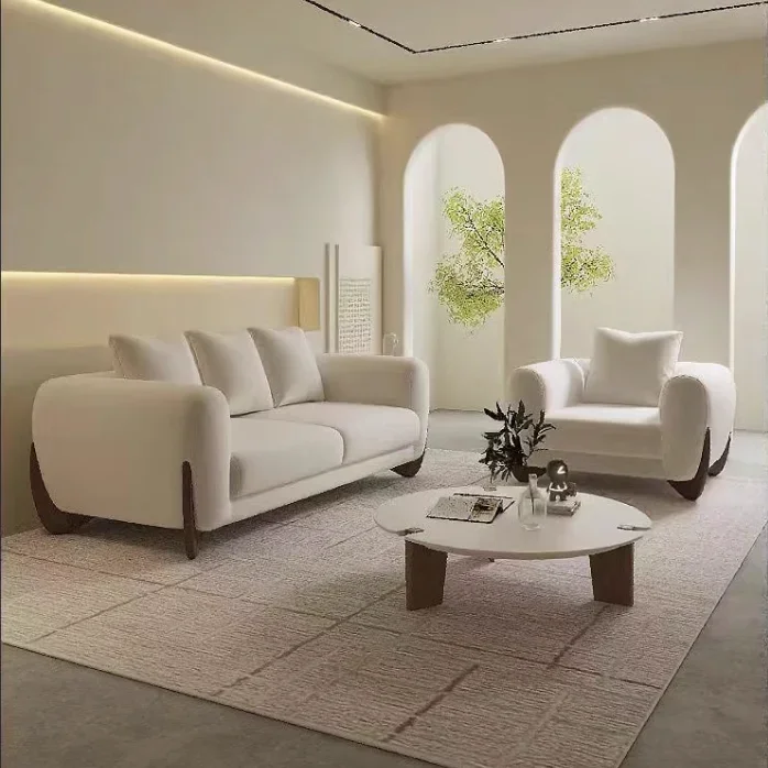 Modern Fashion Small Apartment Leisure Furniture Solid Wood Sofa White Cream Cloth Art Teddy Wool Circle Cashmere Sofa