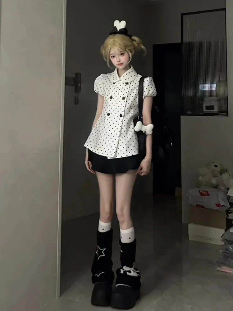 Korean College Style Slimming Set Dress Women Summer New Polka Dot Bubble Sleeve Shirt Half Skirt Two Piece Set Fashionable W...