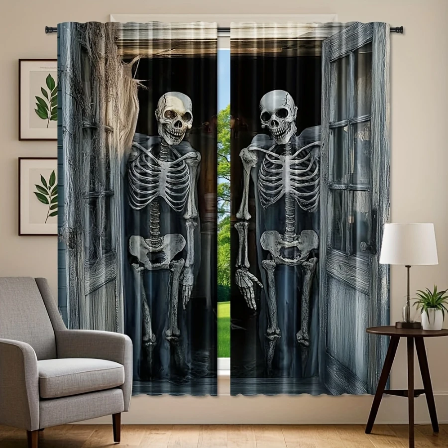 2PCS Digital Printed Curtains, Gothic Skull Dark Pattern, Blackout Print Style Rod Pocket Drapes for Bedroom Living Room Decor