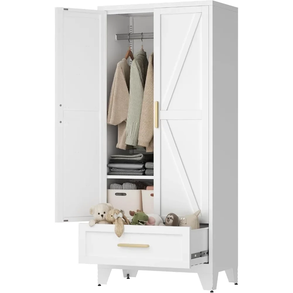 

71" Tall Metal Wardrobe Cabinet with Drawer and Hanging Rod, 2 Doors Armoire Wardrobe Closet with Shelf for Bedroom, Office