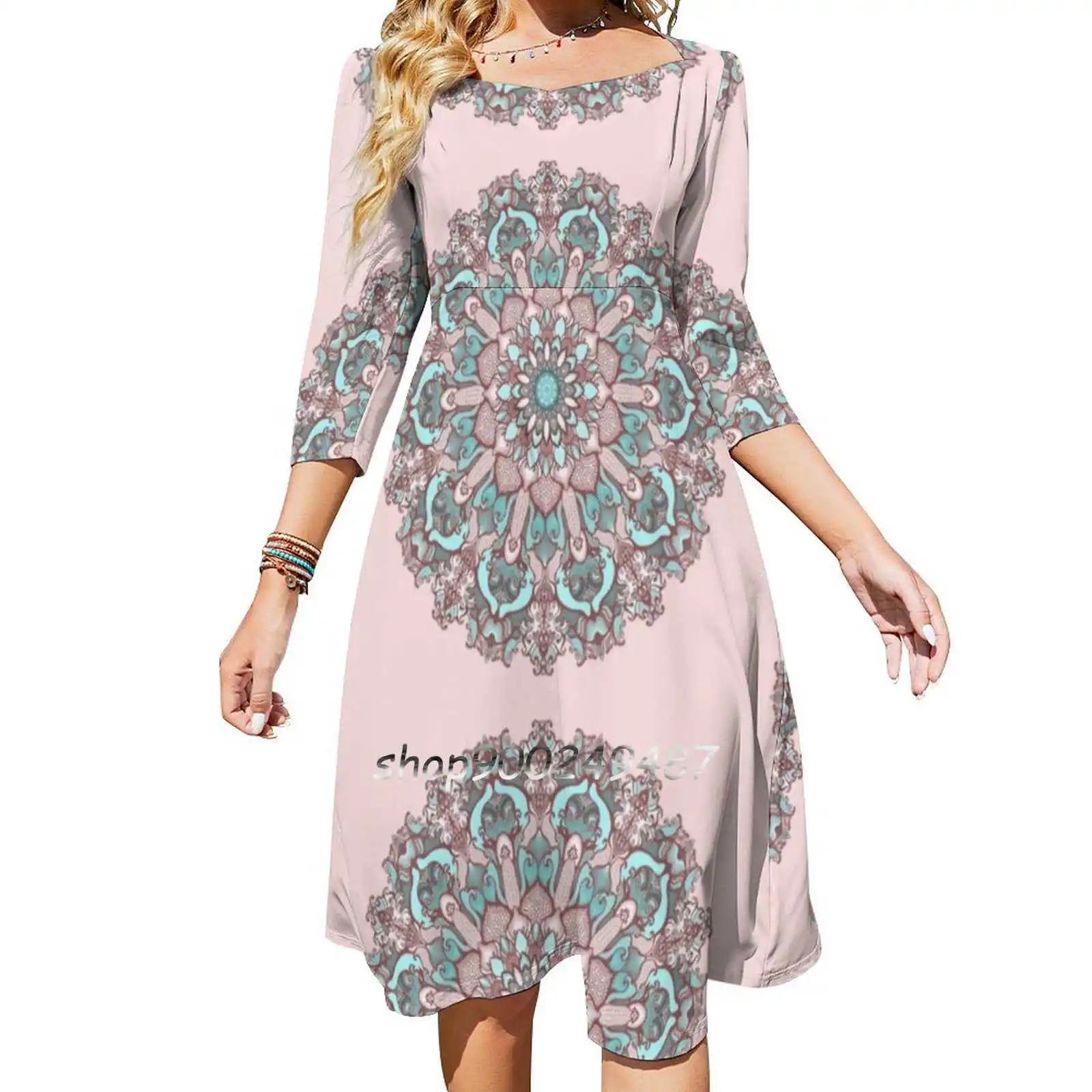 

Mandala#31 On Pink Background Sweetheart Knot Flared Dress Fashion Design Large Size Loose Dress Pink Mandala Pattern Abstract