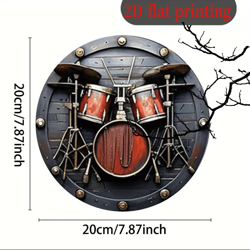 2D مسطح، 1 قطعة، 20.32 × 20.32 سم 2D علامة ألومنيوم مستديرة، أداة فرقة طبلة عتيقة، لوحة معدنية لموسيقى الروك، لوحة قديمة بطابع شريطي