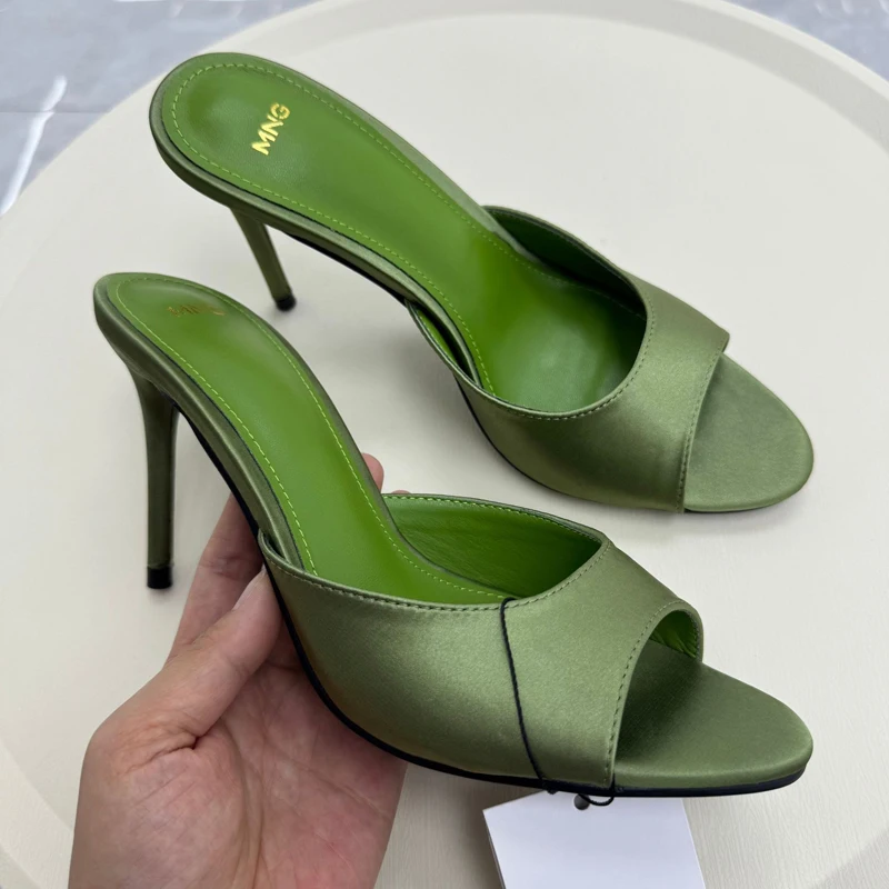 FSMG Fashion 10.5cm thick Satin High Heels Slippers Summer Sexy With Pointed Exposed Toes Thin Heels Sandals Ladys Party Shoes