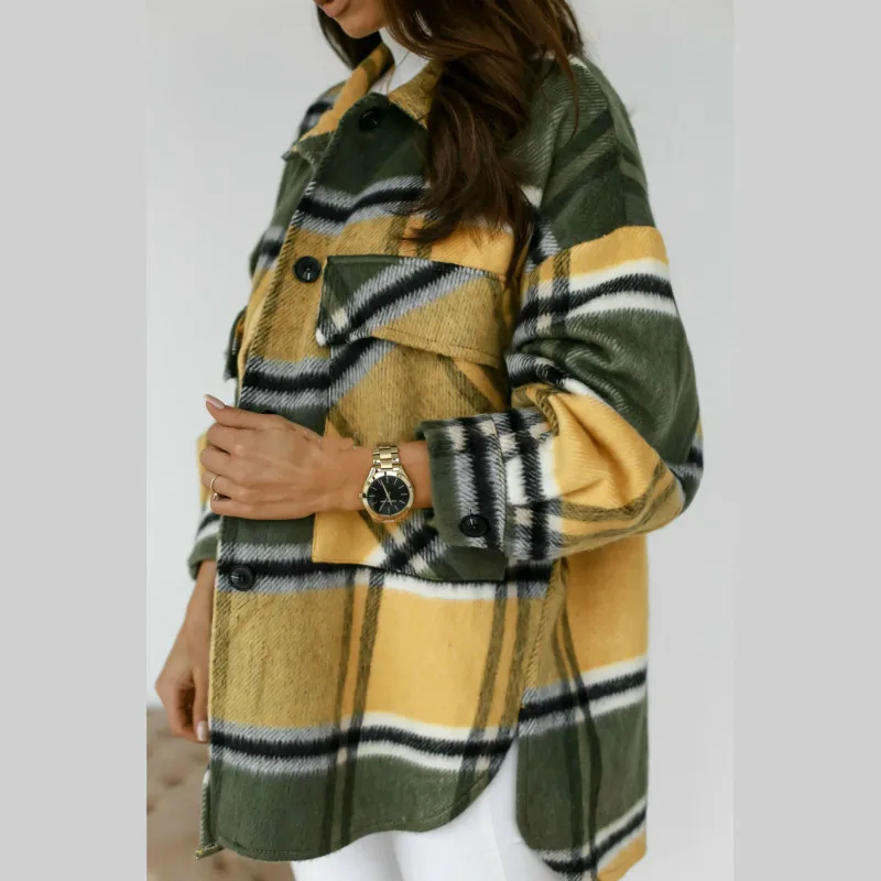  New Autumn Winter Fashion Neutral Style Outwear Streetwear Vintage Plaid Jacket Women Loose Long Sleeve Warm Oversized Coat