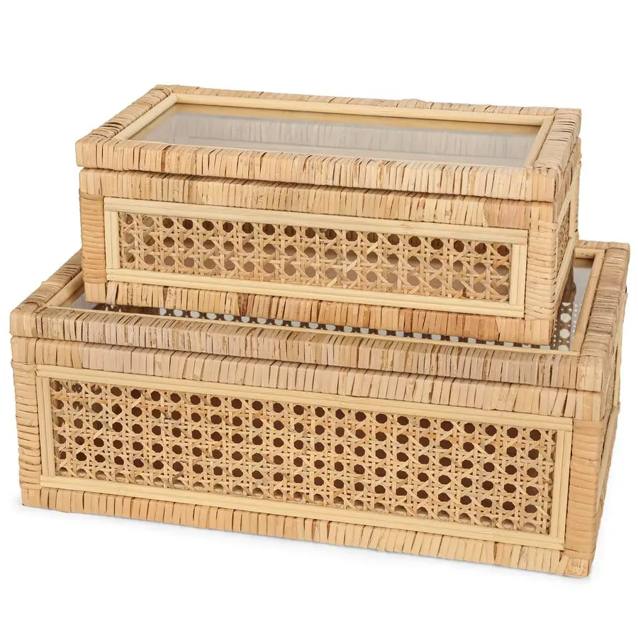 

Handwoven Boho Rattan Display Boxes with Glass Lids Set of 2 Rectangular Decorative Storage Bins Natural Woven Cane Home Decor O