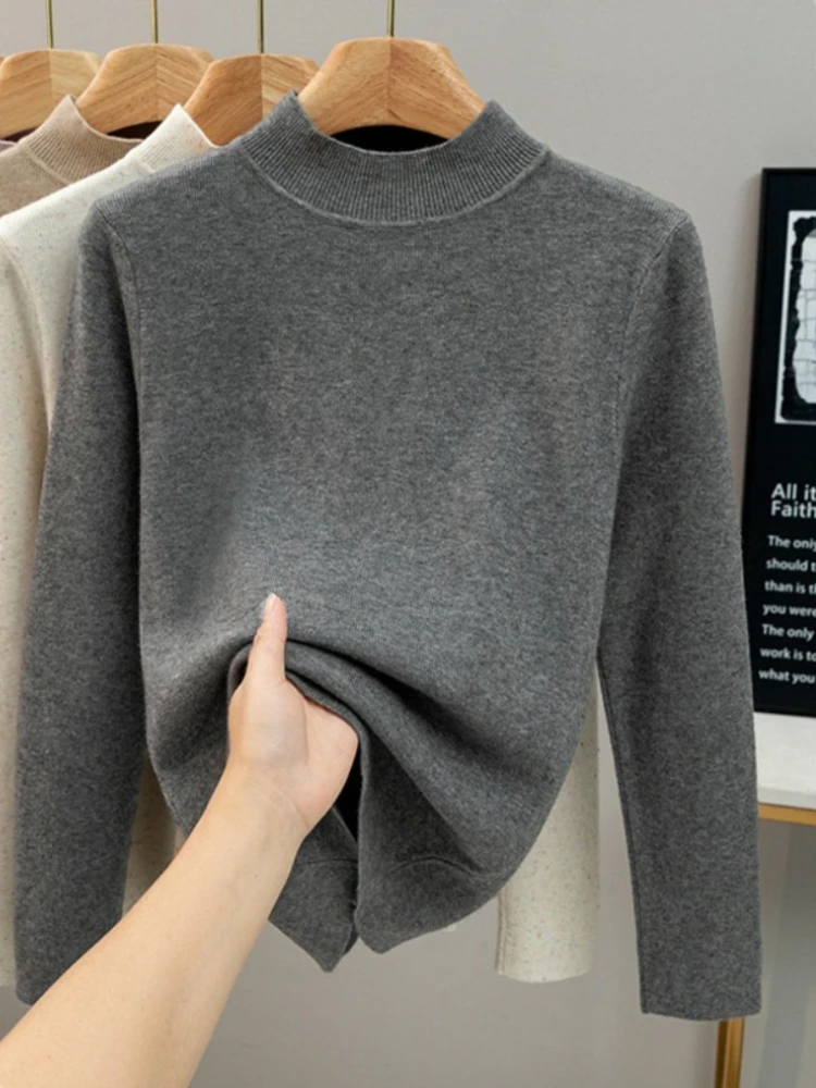 Jersey de manga larga con puntos de Color para mujer, suéter de cuello alto con capa Base Simple y delgada, jerséis de punto suaves y cálidos para Otoño e Invierno