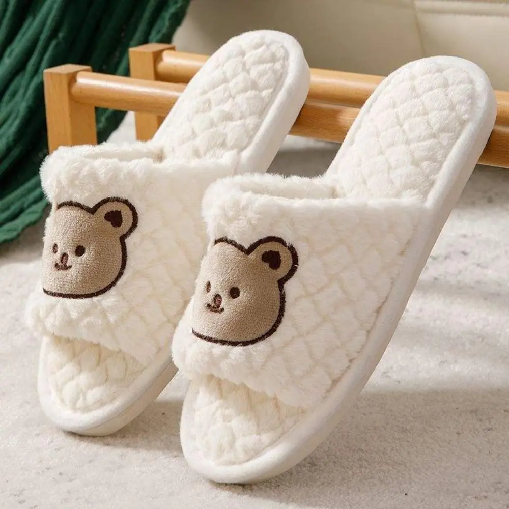 Cute Fuzzy Plush Bear Slippers Grid Comfortable Casual Slippers Winter Cartoon Thickening Flat Plush Shoes Indoor