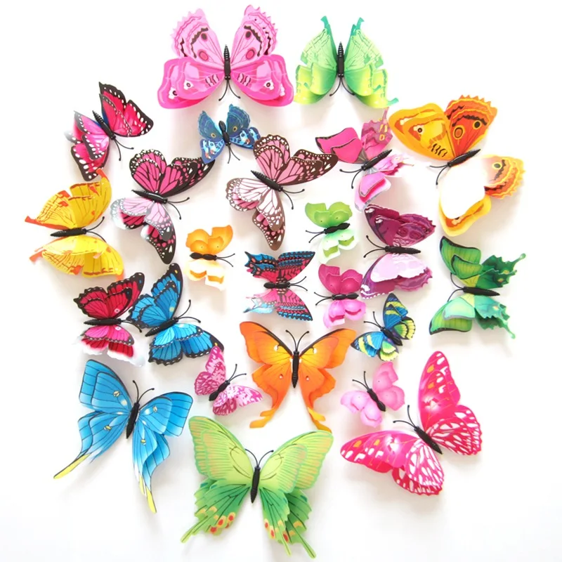 12Pcs 3D Multicolor Double Layer Wings Butterfly Wall Sticker Magnet PVC Butterflies Party Kids Bedroom Fridge Decor Magnetic