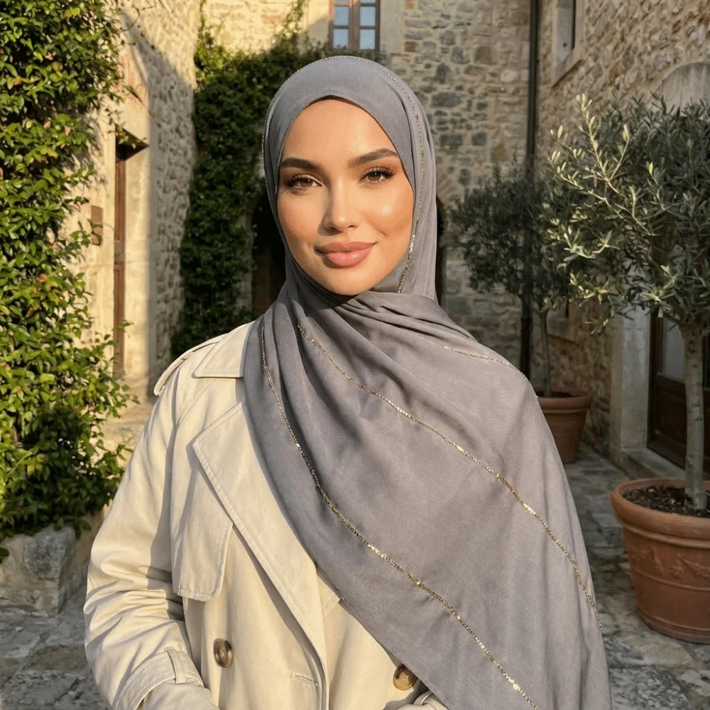 

Soft Rhinestone Hijab Scarf Plain Design Solid Color Stretch Shawl Modal Cotton Stretch Fabric Long Muffler Head Covering