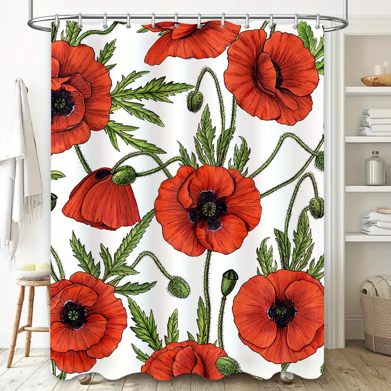 Red Poppy Shower Curtain Bathroom Decor Flower Print Waterproof Washable Modern Shabby Chic Home Decoration 72x84 (White Backgro