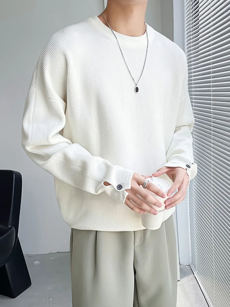 Autumn and Winter Solid Color Round Neck Sweater for Men Loose White Pullover Knitwear Long Sleeved Bottom Mens Shirt