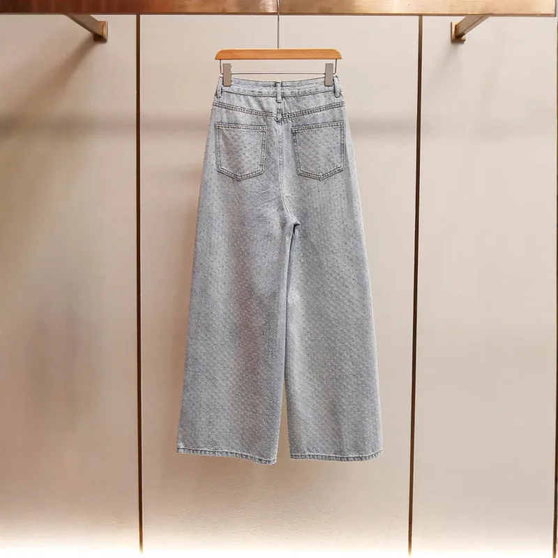 ANJY Spring Autumn New Women Tide Elegant Casual Versatile Stylish Heavy Diamonds Wide-leg Jeans Washed Loose Denim Pants A25007