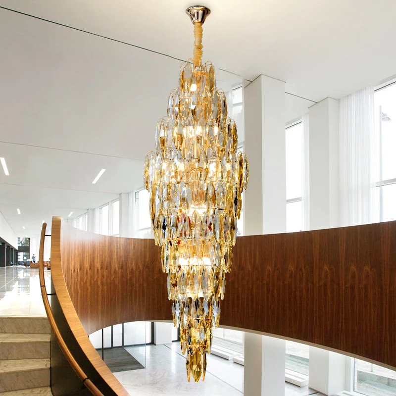 Large Staircase Long Chandelier Villa Duplex Hollow Ceiling Light Luxury Crystal Smoky Grey/Amber/Cognic Color Lighting Fixtures