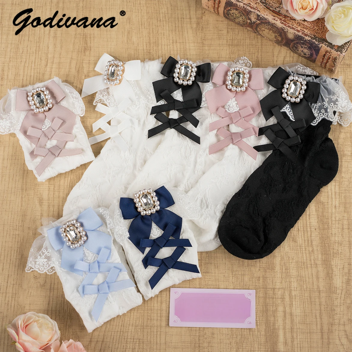 Japanese Style Cute Girl Mass-produced Square Diamond Gem Bow Lace Socks White Black Women's Lolita Cotton Socks