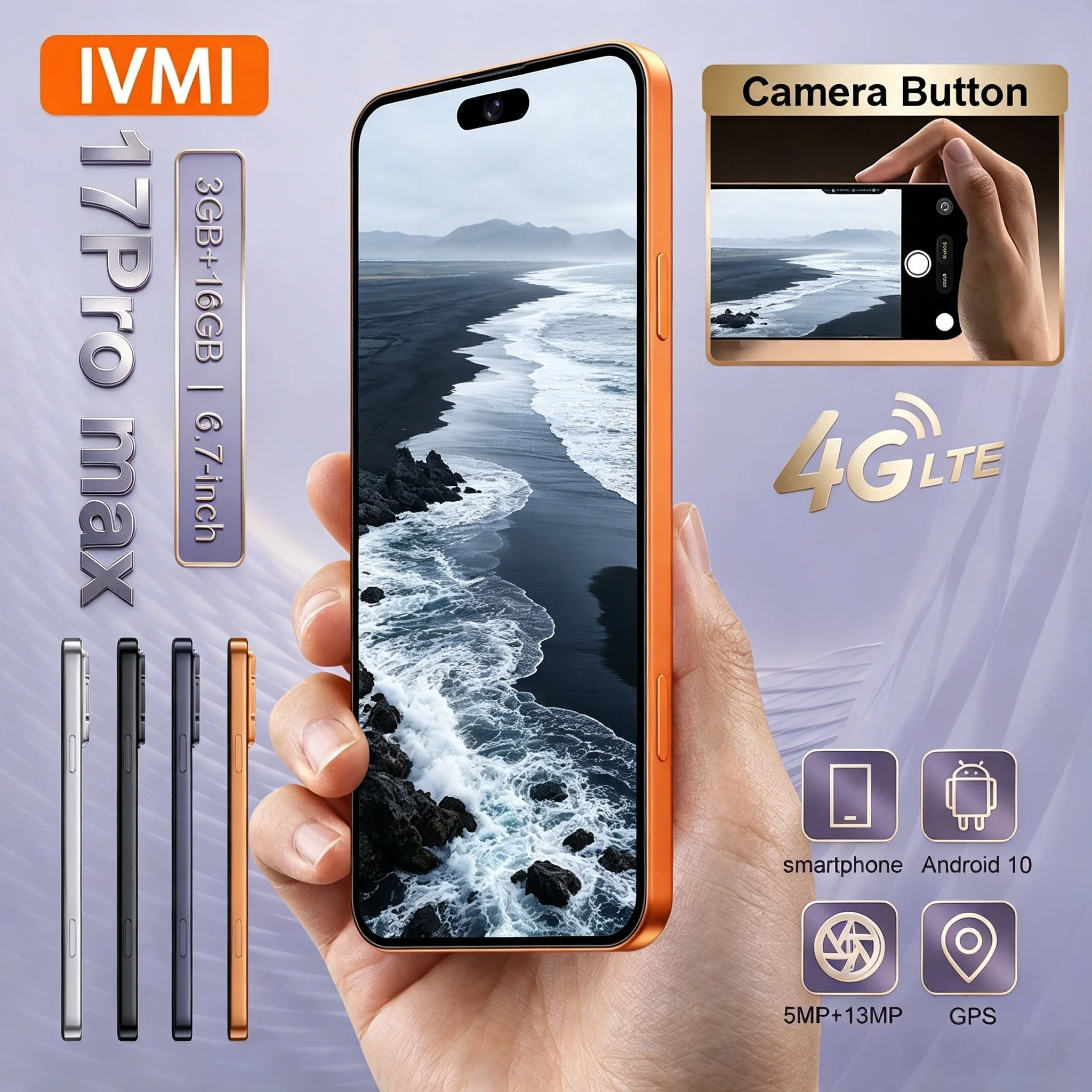IVMI 17Pro Max Smartphone Android 3GB RAM 16GB ROM 5+13MP Face ID Fingerprint4G Network Google Play Store Mobile Phones