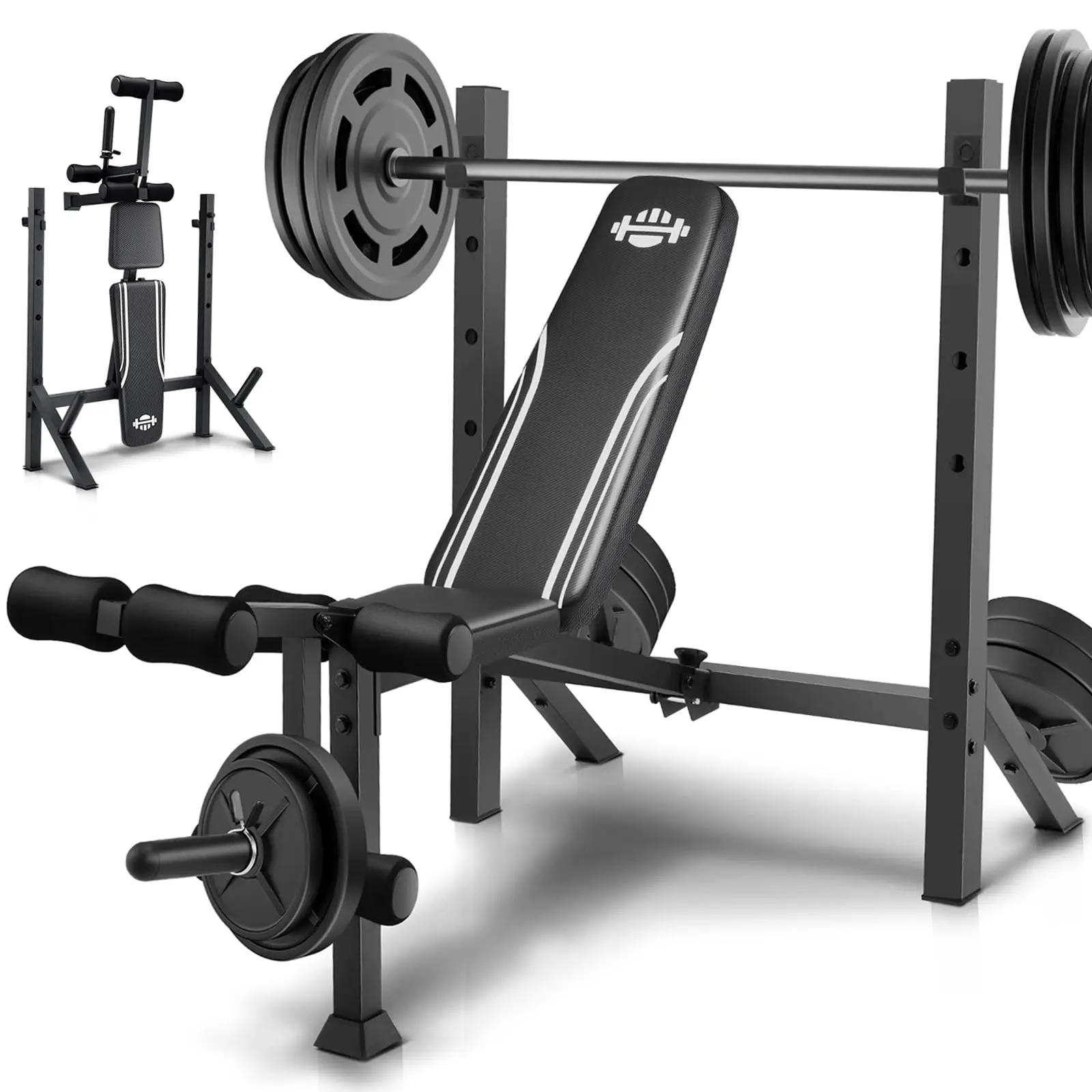 900LBS Weight Bench Set with Squat Rack, Adjustable Bench Press Set with Leg Extension and Leg Curl, Flat Incline