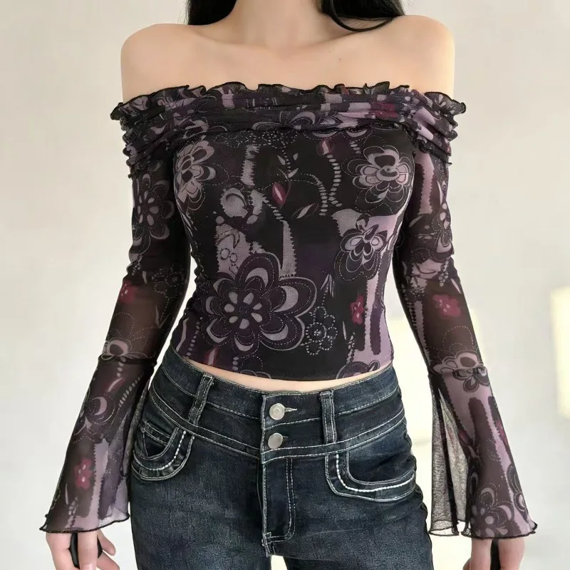 The New Autumn Fashion Top Is A Figure-hugging Slimming Pink Patterned Long-sleeved T-shirt It's Sexy Pure Base Layer for Women