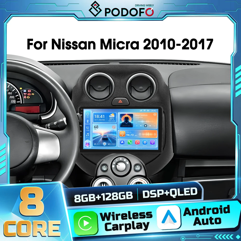 Podofo 8core Android 2din Lettore Multimediale per Auto per Nissan Micra 2010-2017 Carplay Wireless Autoradio Navigazione GPS Android Auto WIFI DSP Ricevitore FM RDS Bluetooth
