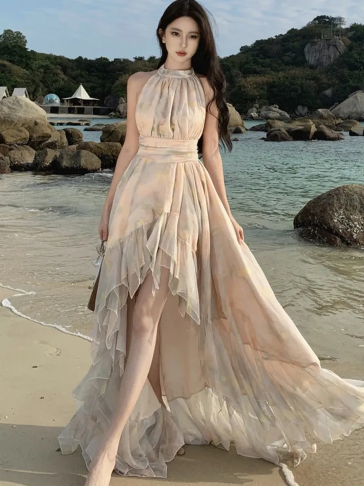 

Vintage Irregular Party Dress for Women French Elegant Halter Birthday Prom Casual Vestidos Summer Holiday Chic Female New Robe