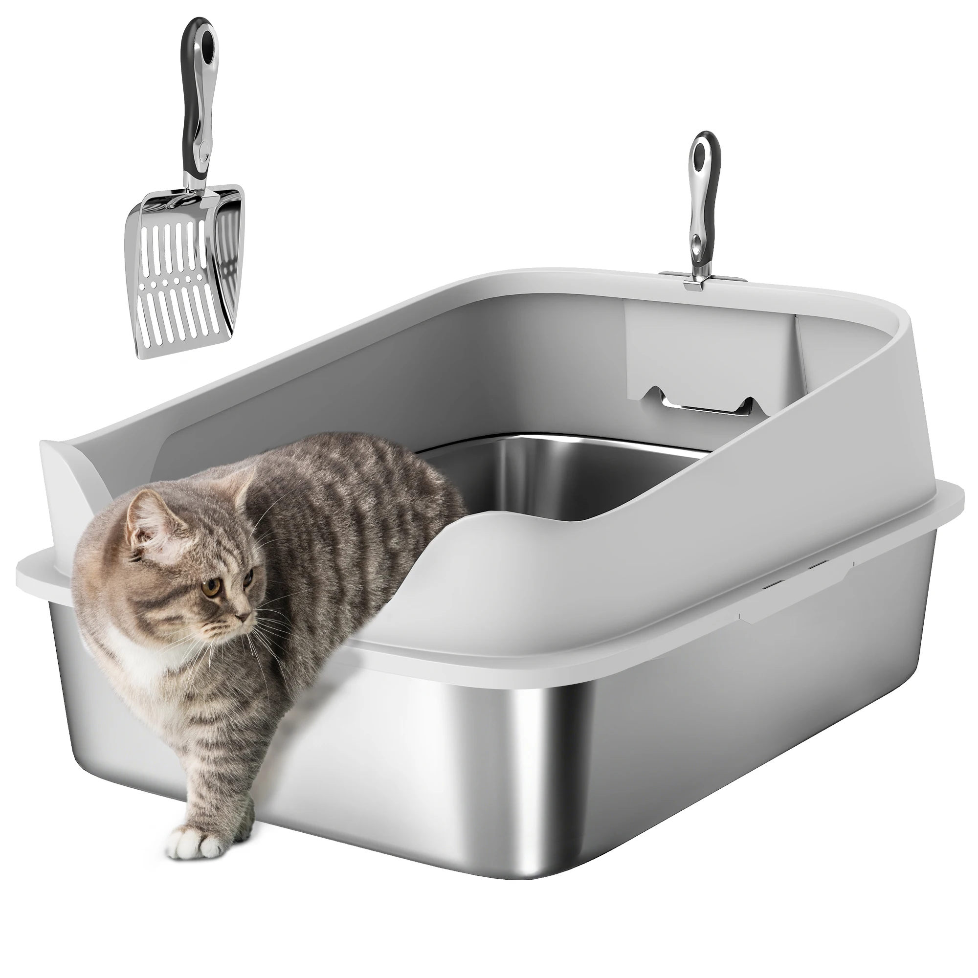 Arenero para Gatos de Acero Inoxidable XXL con Borde Alto Pala Fácil de Limpiar Prueba de Fugas 70x50x30 cm Gris