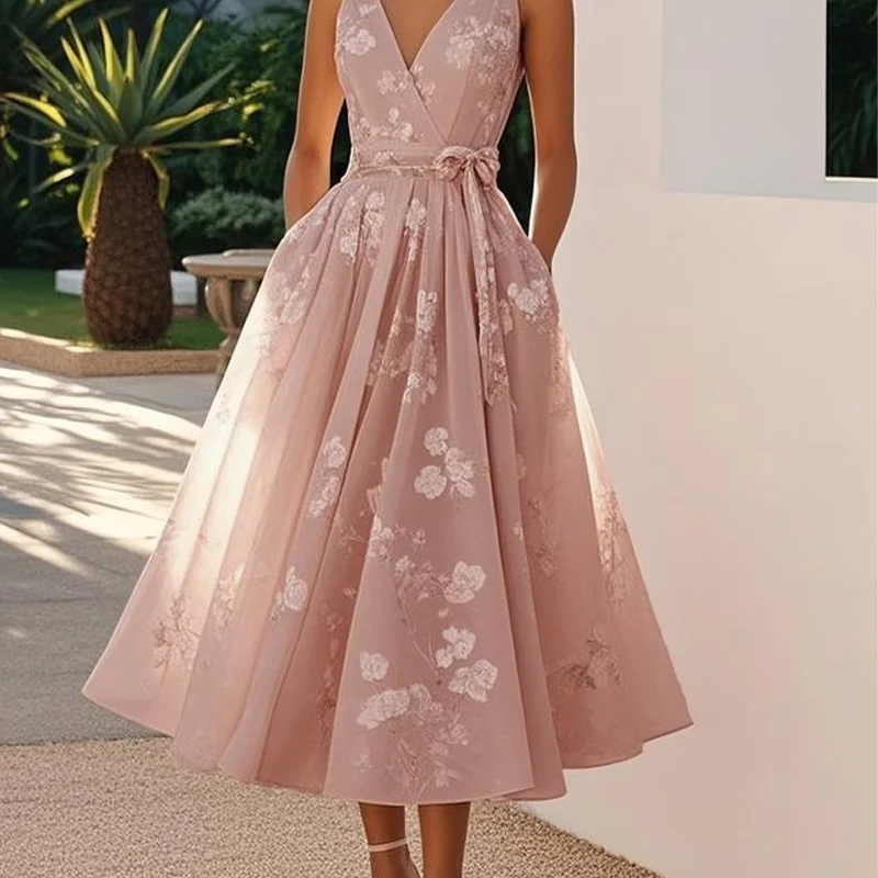 أنيقة مثير الخامس الرقبة القوس الدانتيل يصل فستان الحفلات النسائية الصيف عادية مطوي فساتين بوهو أنيقة عطلة بلا أكمام ألف خط فستان طويل