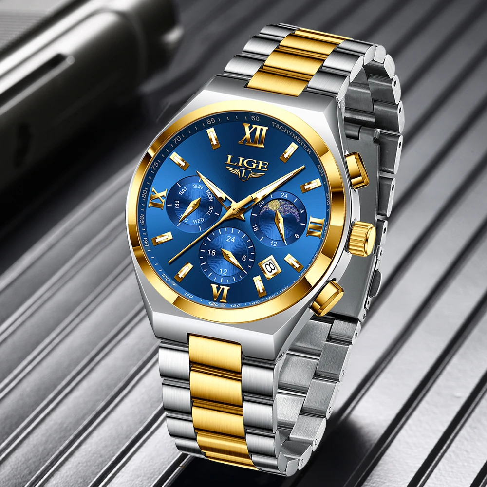 جديد LIGE الأصلي الرجال ساعة رياضية مقاوم للماء مضيئة كرونوغراف تاريخ ساعة للرجل الفولاذ المقاوم للصدأ كوارتز ساعات رجالية Reloj
