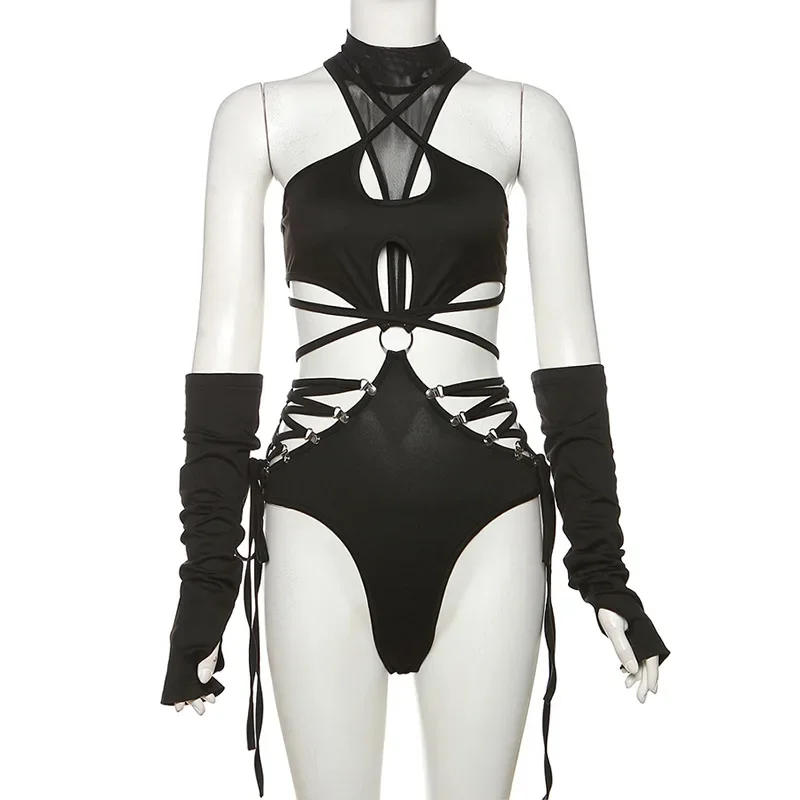 Harajuku Bandage Hollow Out Sexy Cyber Y2k Bodysuits Gothic Techwear Mesh Patchwork Tops Female Glove Sleeve Mock Neck Bodysuit