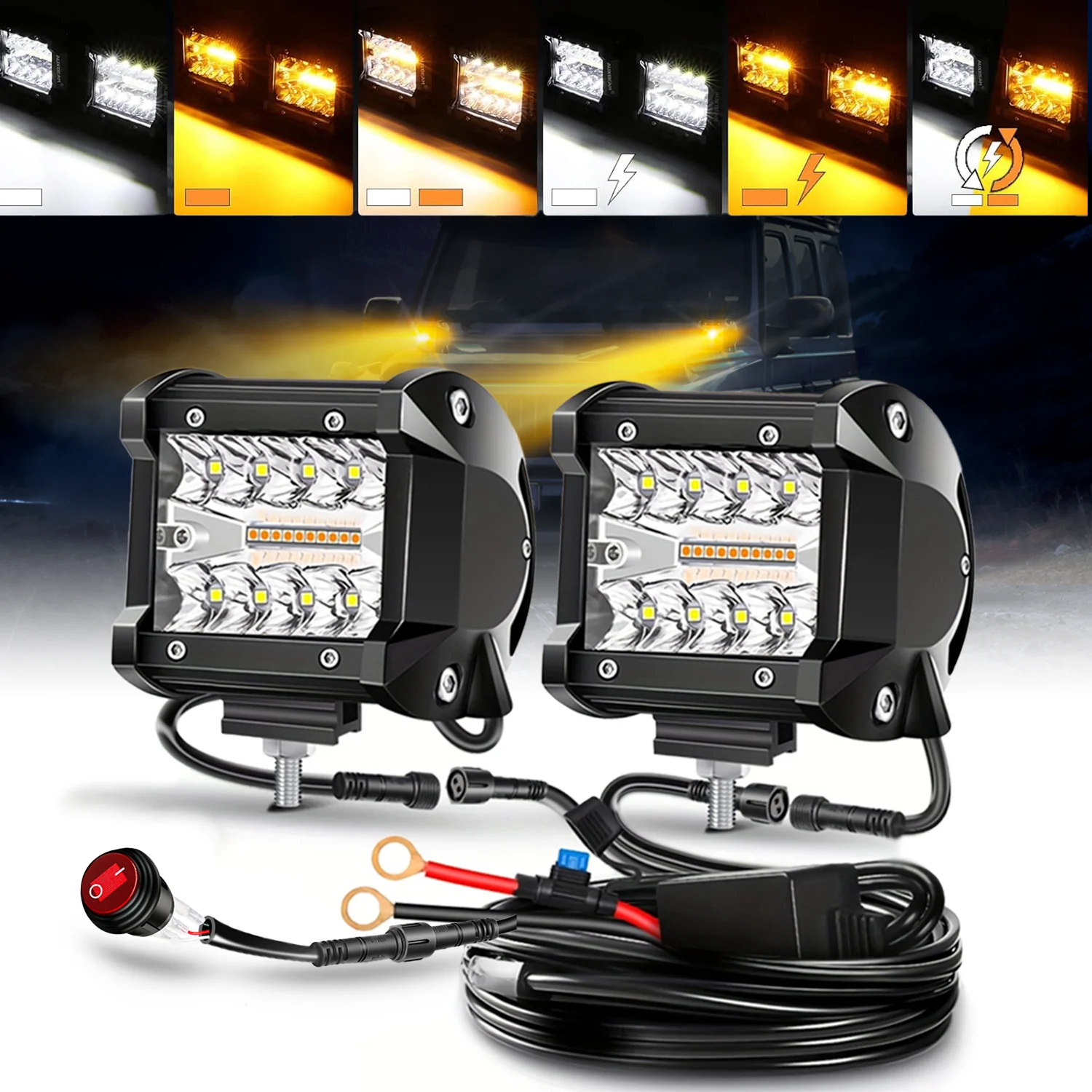 

Комплект светодиодных фар 4 дюйма с переключателем и проводкой, 6 режимов, белый/желтый свет, для внедорожников, легковых автомобилей, грузовиков, пикапов