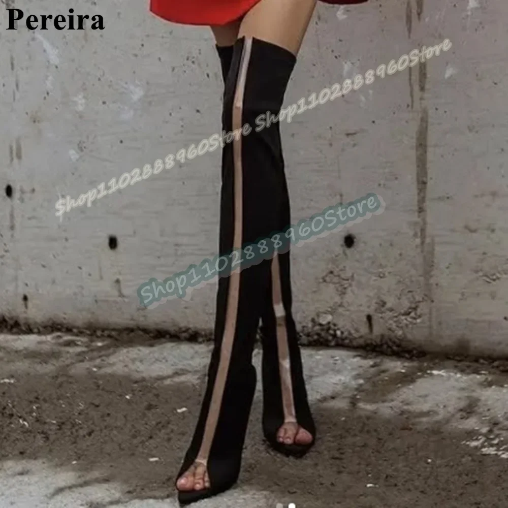

Over The Knee Black Splicing Slim Boots Stilettos High Heel Shoes For Women Side Zipper Peep Toe Fashionable Zapatos Para Mujer
