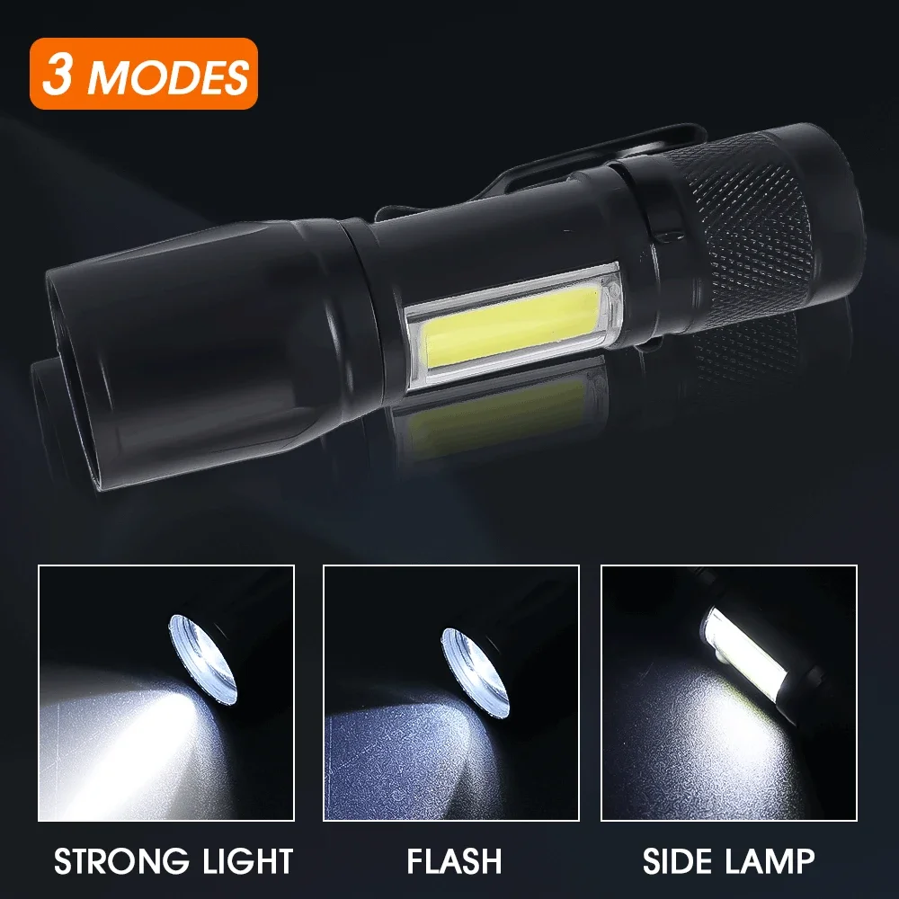 Portable Rechargeable Zoom LED Flashlight Tactical Waterproof Side Lights 3Lighting Modes Outdoor Camping Light Mini Flashlight