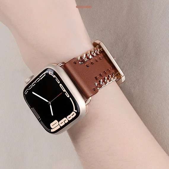 Strap For Apple Watch Band Ultra 2 49mm 10 9 8 7 Hand sewn leather chain bracelet Band 6 5 4 3 SE 46mm 45mm 44mm 42mm 41mm 40mm