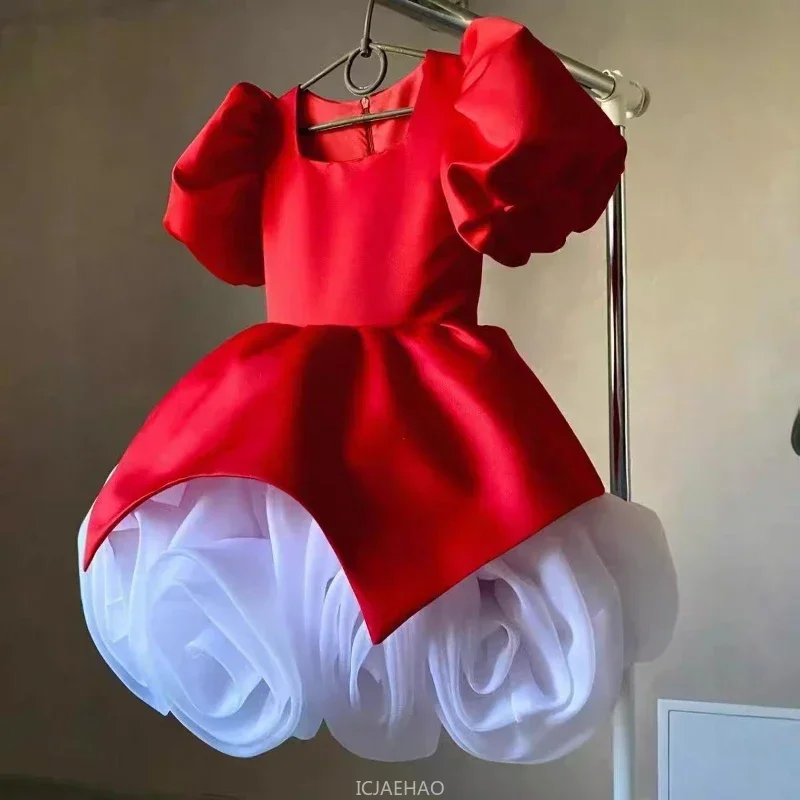 Elegant 3D Floral Dresses New Years Girl Clothes Children Puff Sleeve Vestido Kid Pageant Host Outfit Birthday Costume Dress
