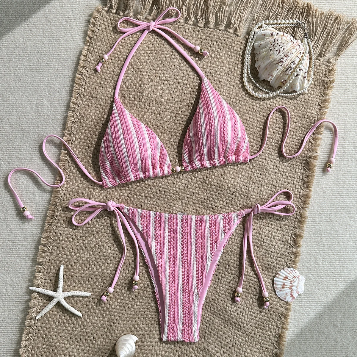 

Women Striped Crochet Triangle Bikini Set Beaded Tie Side Halter Swimsuit Beachwear