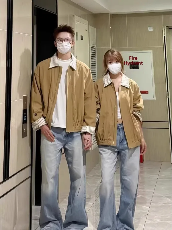 

American Lazy Striped Patchwork Collar Jaet Loose Khaki Workwear Outerwear Faion Casual Top Men's ort Zipper Coat